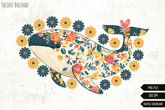 Floral Summer Whale PNG: Nautical Design for Creative Projects